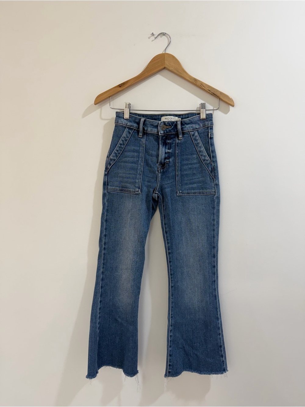 Hidden Mid-Rise Blue Flare Jeans with Patch Pockets